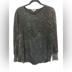 Cover Charge Black Acid Wash Fleur De Lis Top Size L Studded Rhinestone